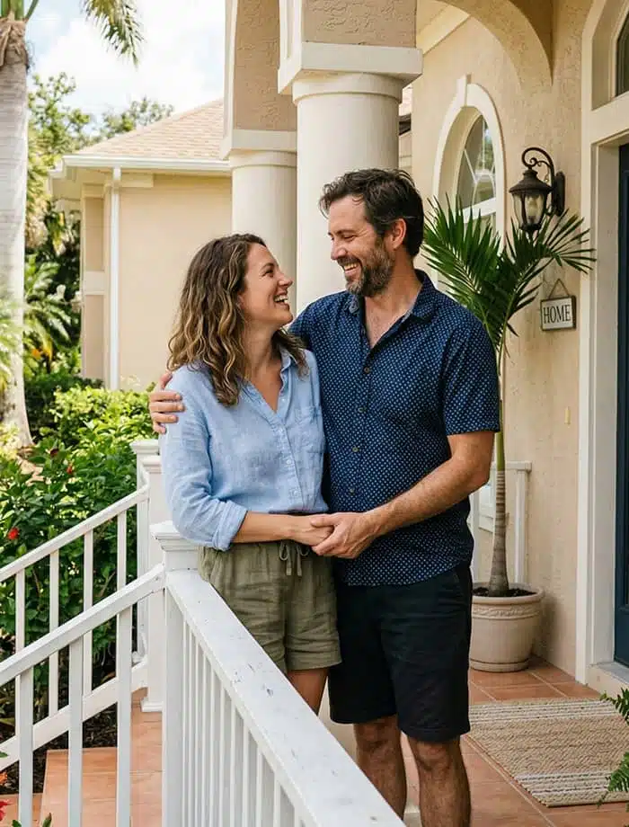 Happy couple at the front door of their Florida home