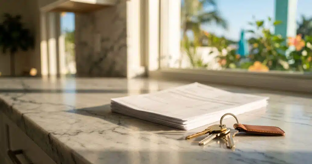 Keys and documents on marble countertop