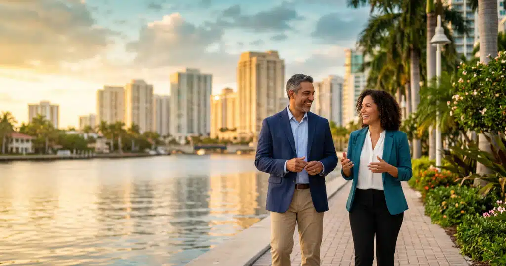 Couple walking by waterfront cityscape.