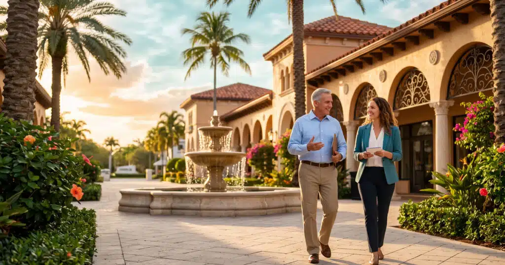 Two people walking in a plaza.