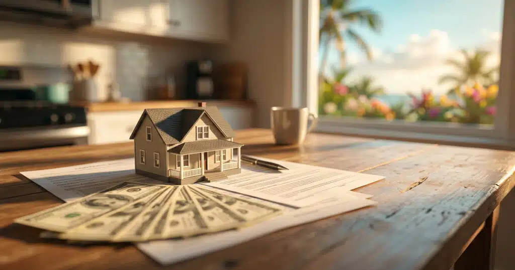 Model house with money and documents.
