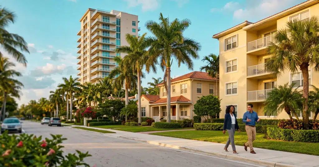 Couple walking along palm-lined street.