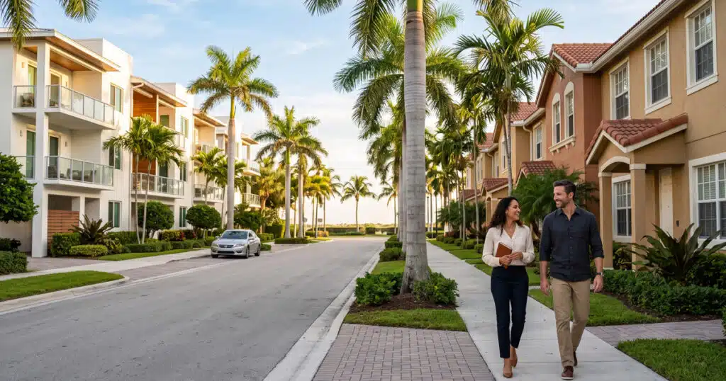 Couple walking in a tropical neighborhood.