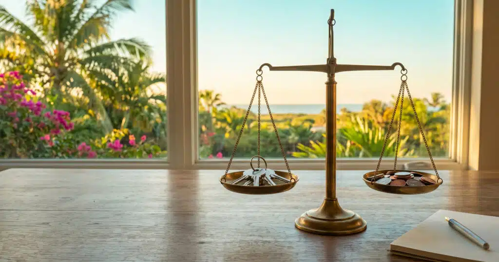 Scales balancing keys and coins.