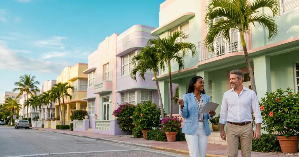 Couple walking in colorful neighborhood.