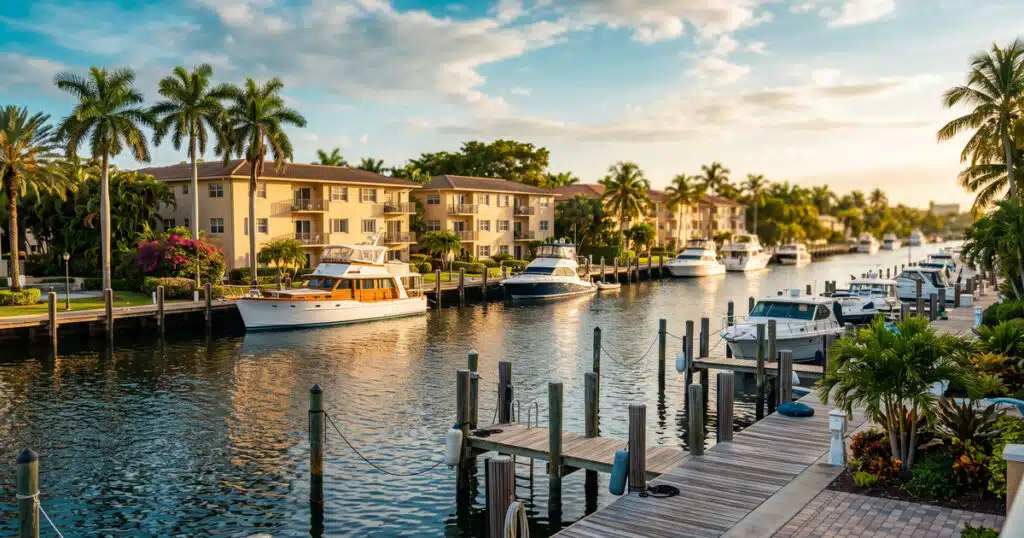 Scenic waterfront with boats and palm trees.