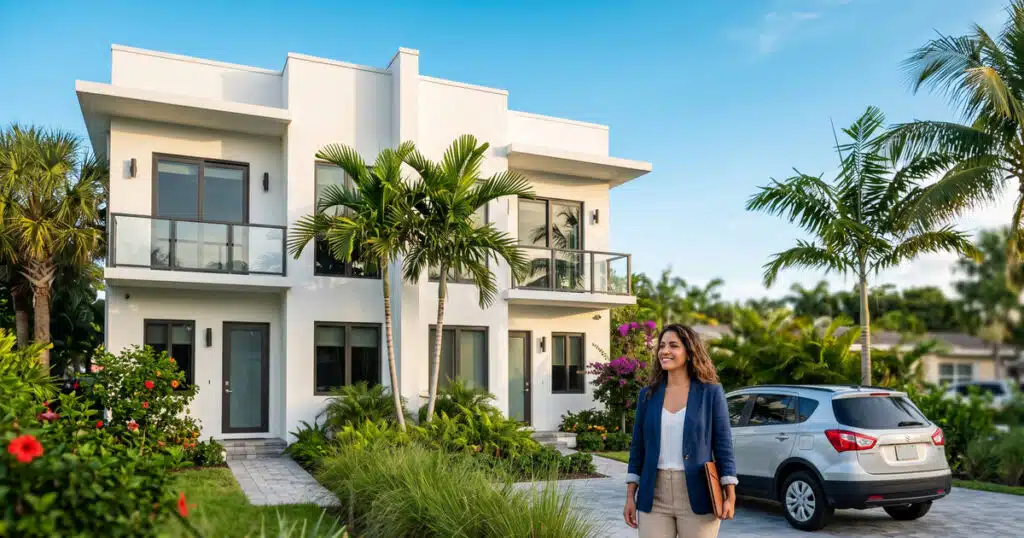 Woman walking by modern tropical home