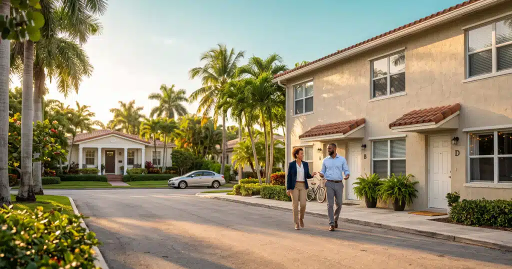 Couple walking in a tropical neighborhood.