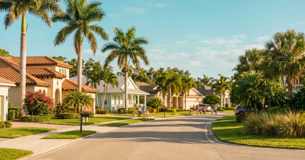 Sunny suburban street with palm trees
