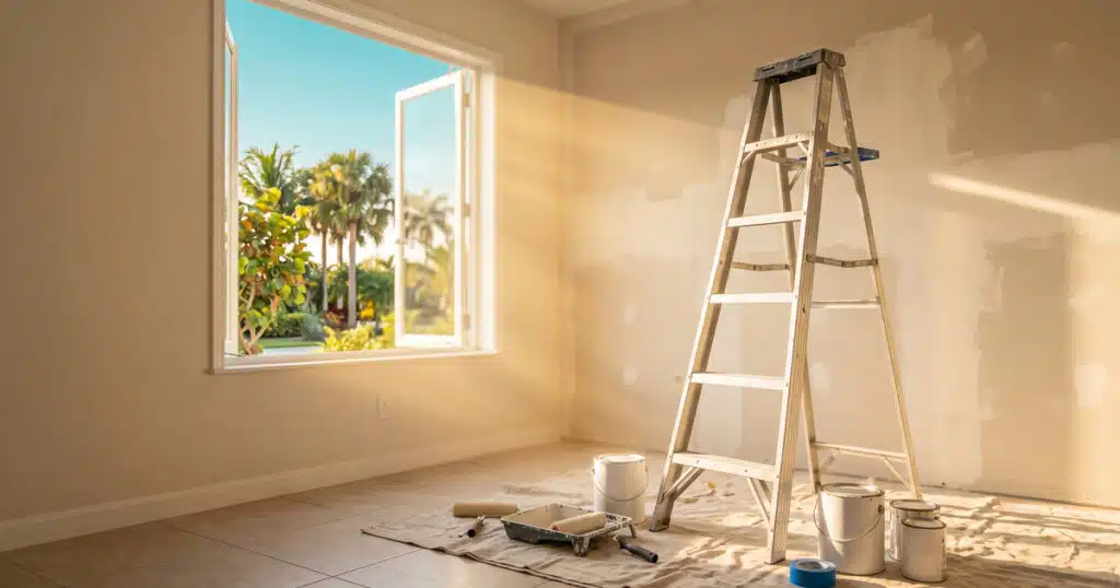 Bright room with ladder and paint supplies.