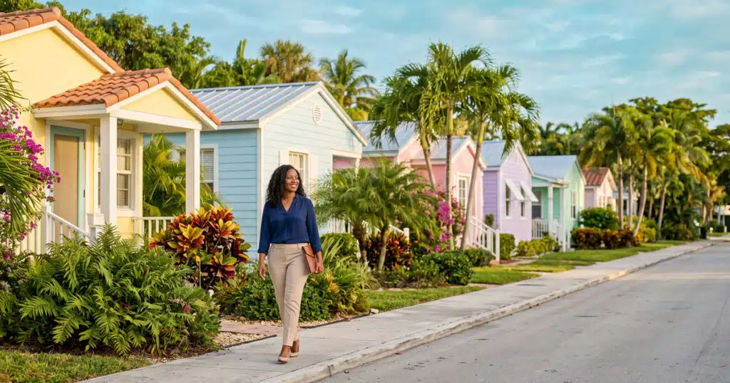 Woman walking past colorful houses.