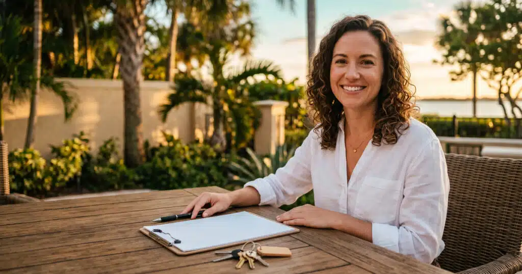 Smiling woman at outdoor table.