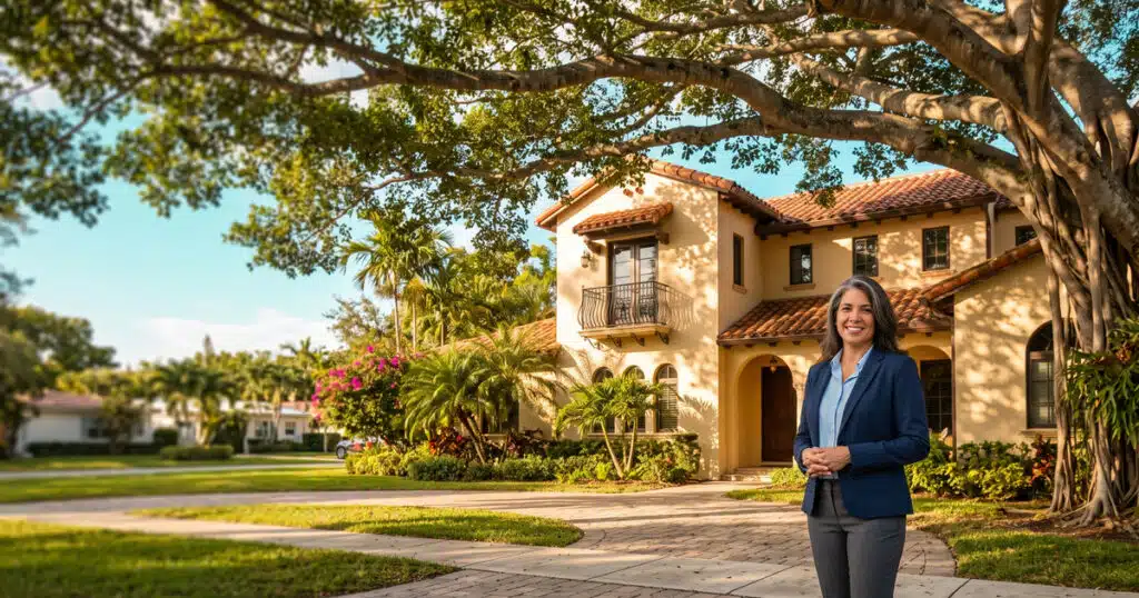 Woman standing in front of house.