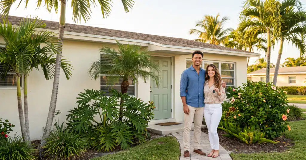 Happy couple in front of house.