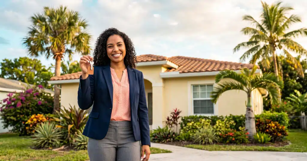 Smiling woman holding house keys outside
