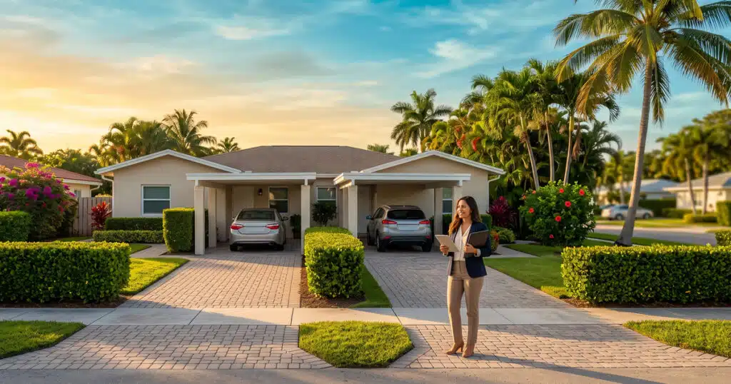Real estate agent in tropical neighborhood.