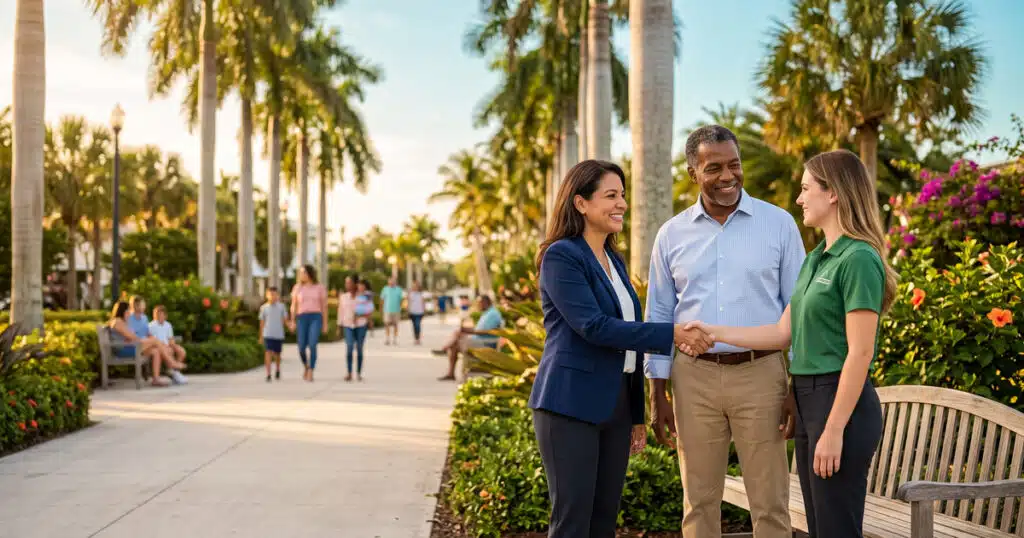 People shaking hands in a park.