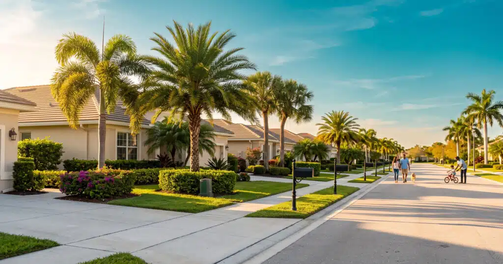 Sunny neighborhood with palm trees.