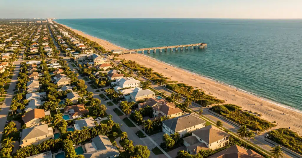 Coastal view with homes and pier.