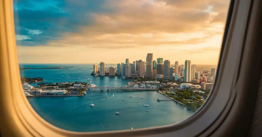 City skyline viewed from airplane window