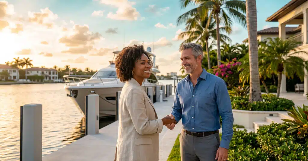 Two people shaking hands by water