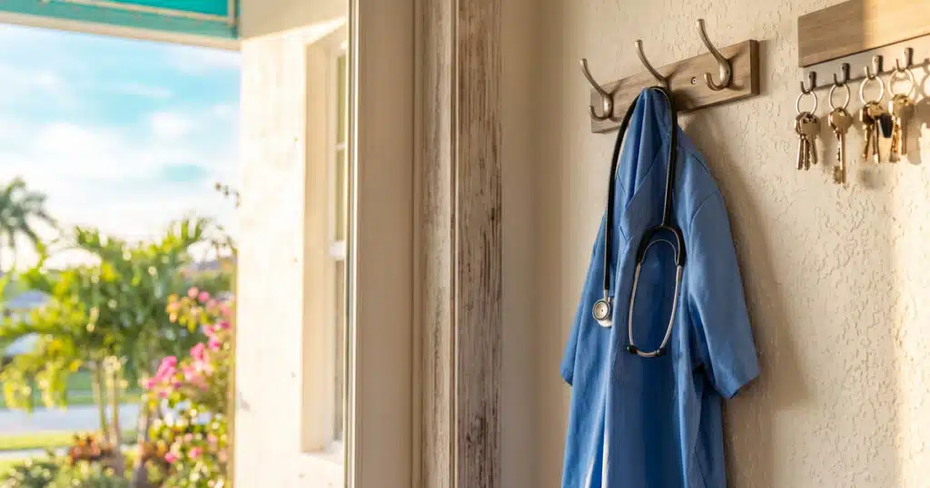 Doctor's coat hanging by the door