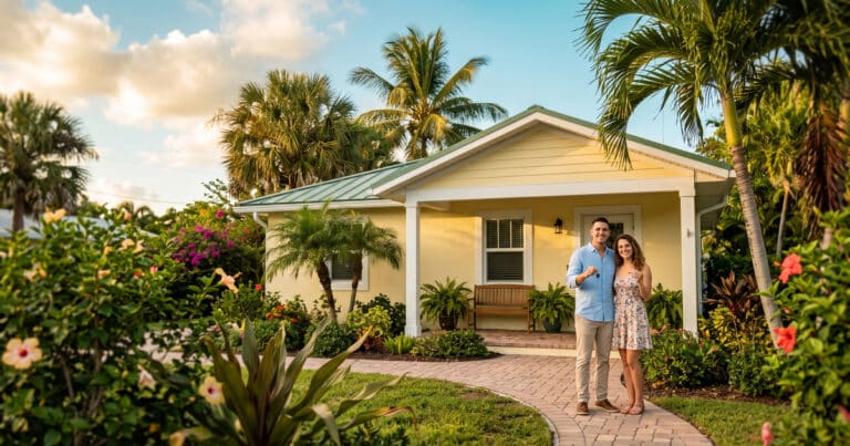 Couple in front of yellow house.