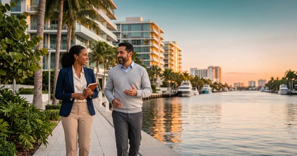 Couple walking by waterfront properties.