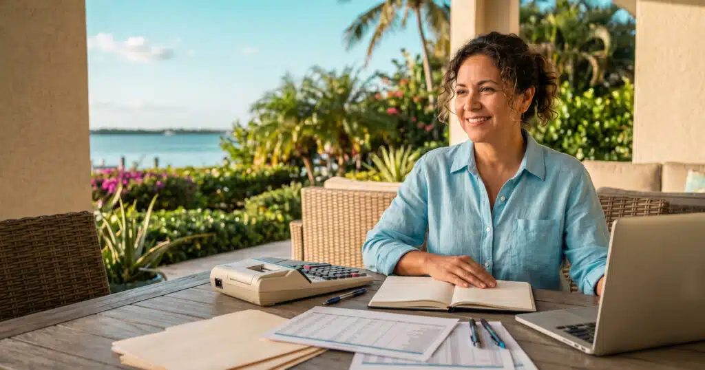 Woman working outdoors by the water