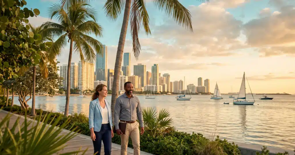 Couple walking by waterfront at sunset.