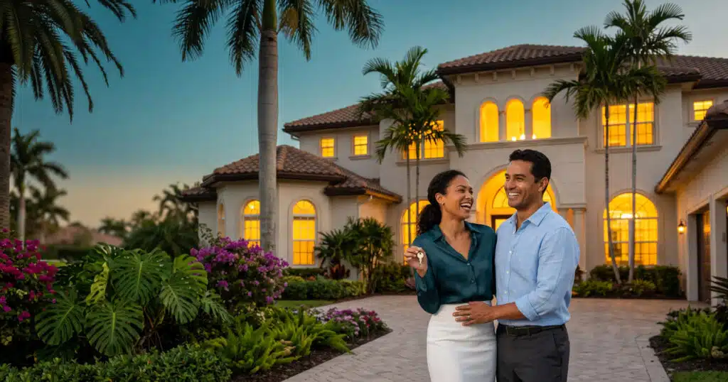 Happy couple in front of home.