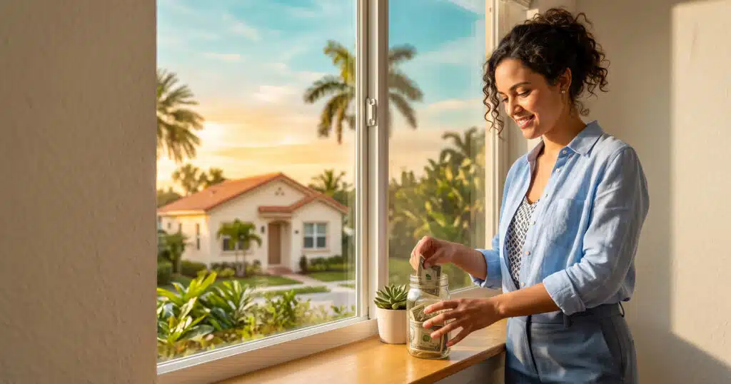 Woman saving money by window