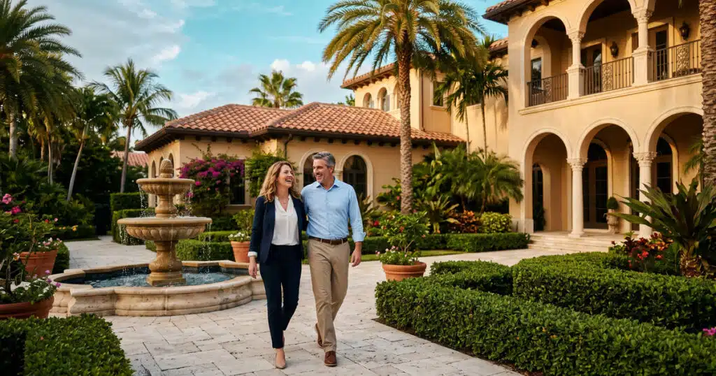 Couple walking in luxurious garden.