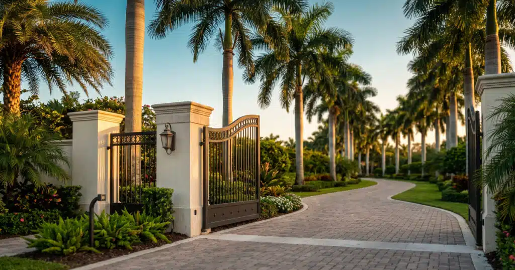 Elegant entrance with palm trees.