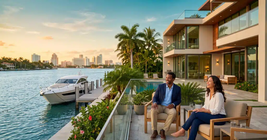 Couple enjoying waterfront sunset view.