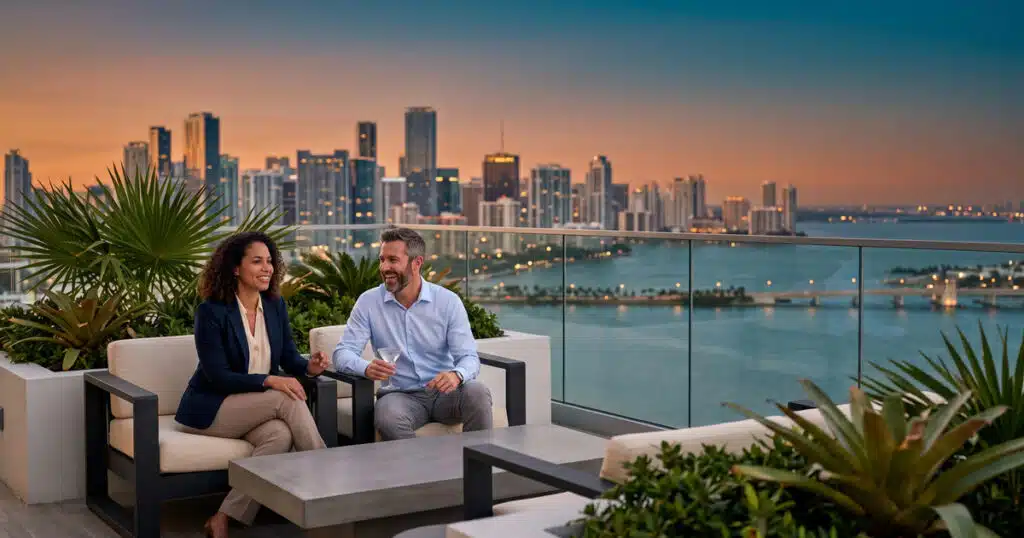 Couple enjoying drinks with skyline view