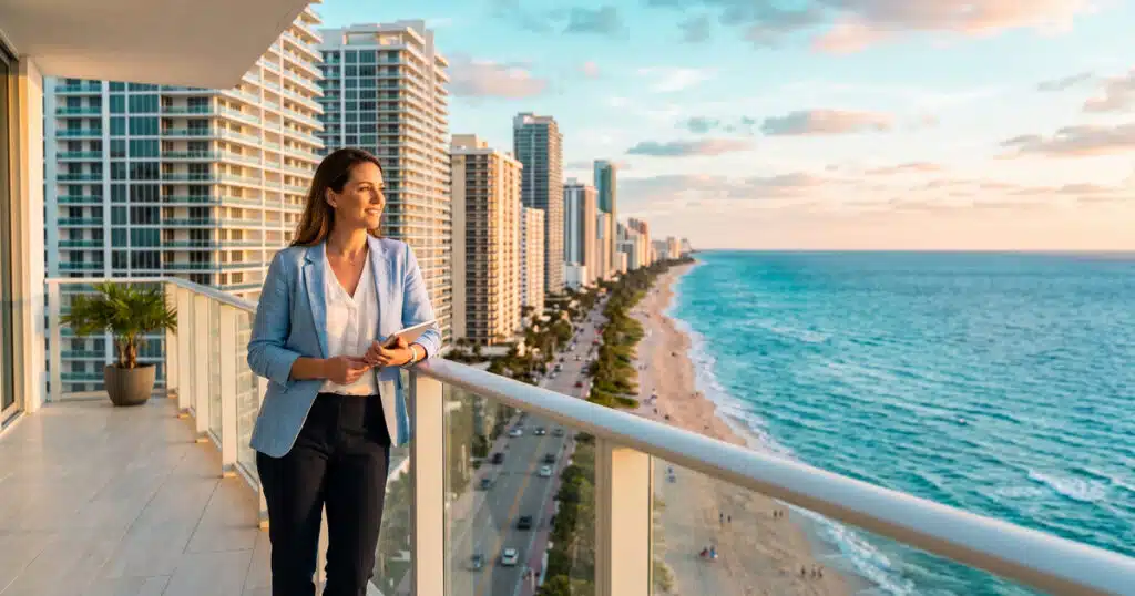 Woman enjoying ocean view from balcony