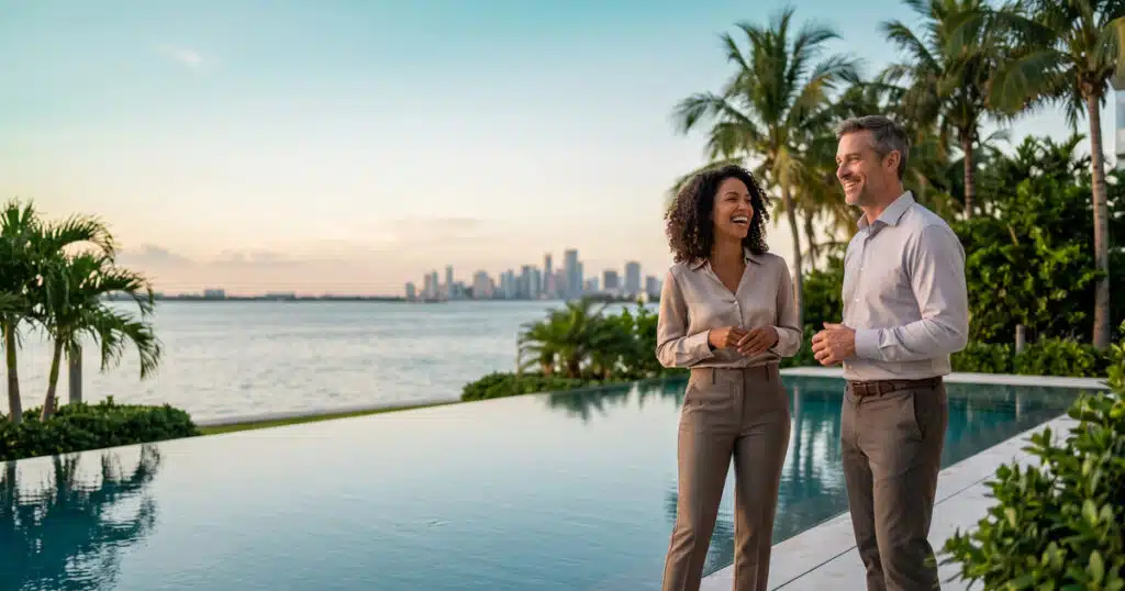 Couple enjoying waterfront sunset view.