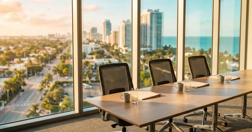 Modern office with city skyline view