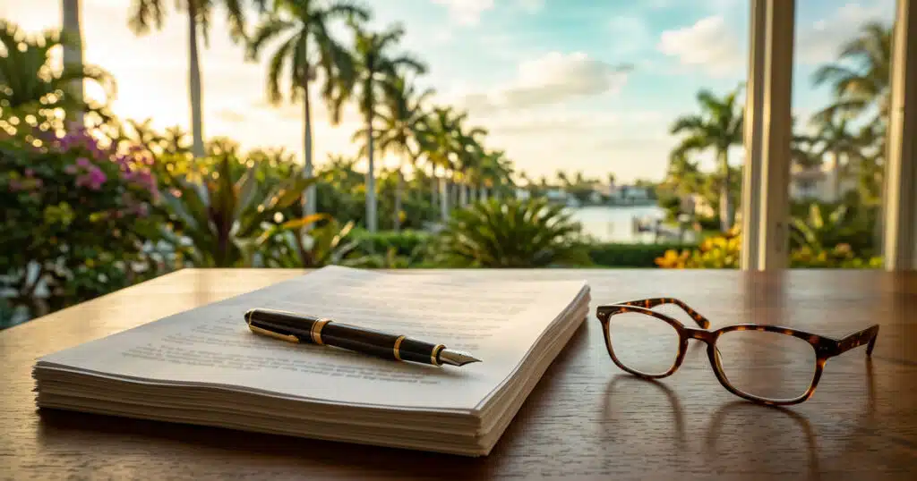 Documents with pen and glasses, tropical view