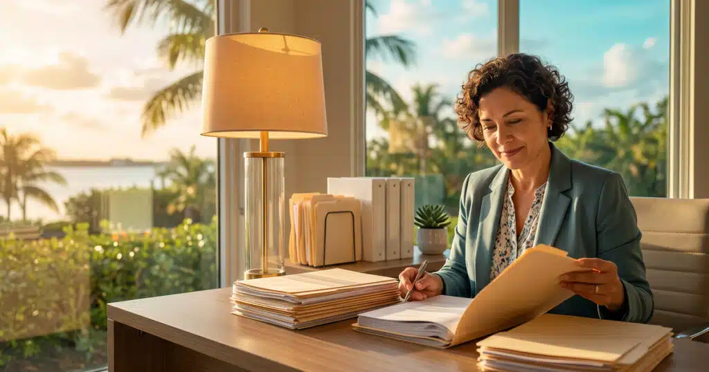 Woman reviewing documents at desk