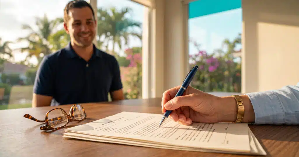 Signing documents with a smiling man.