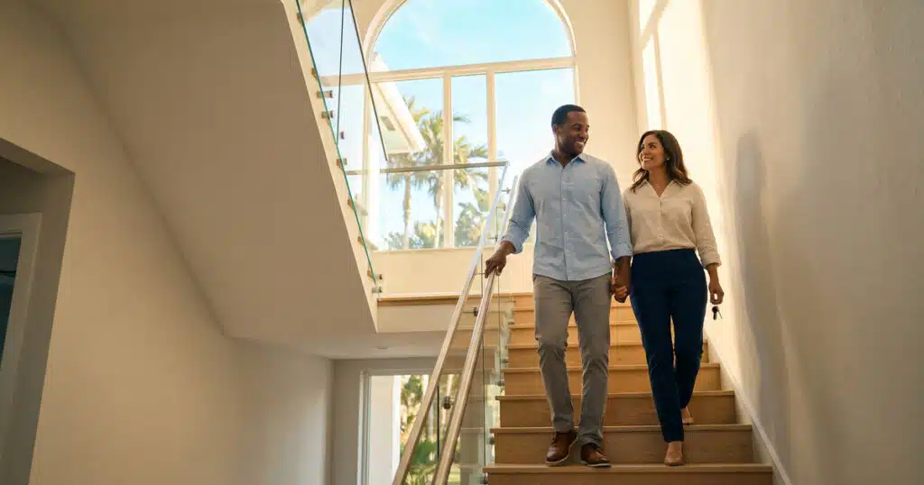 Couple walking down modern staircase.
