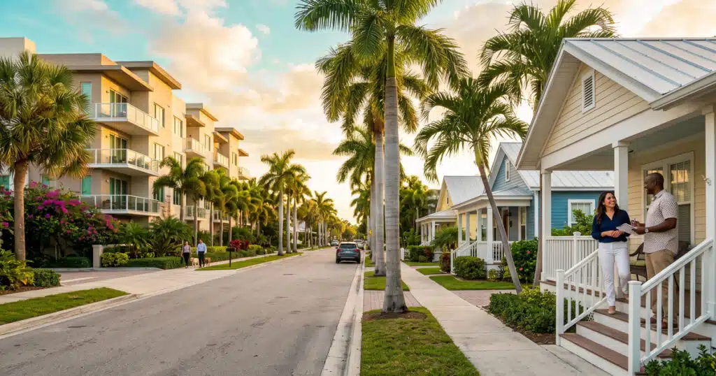 Residential street with palm trees.