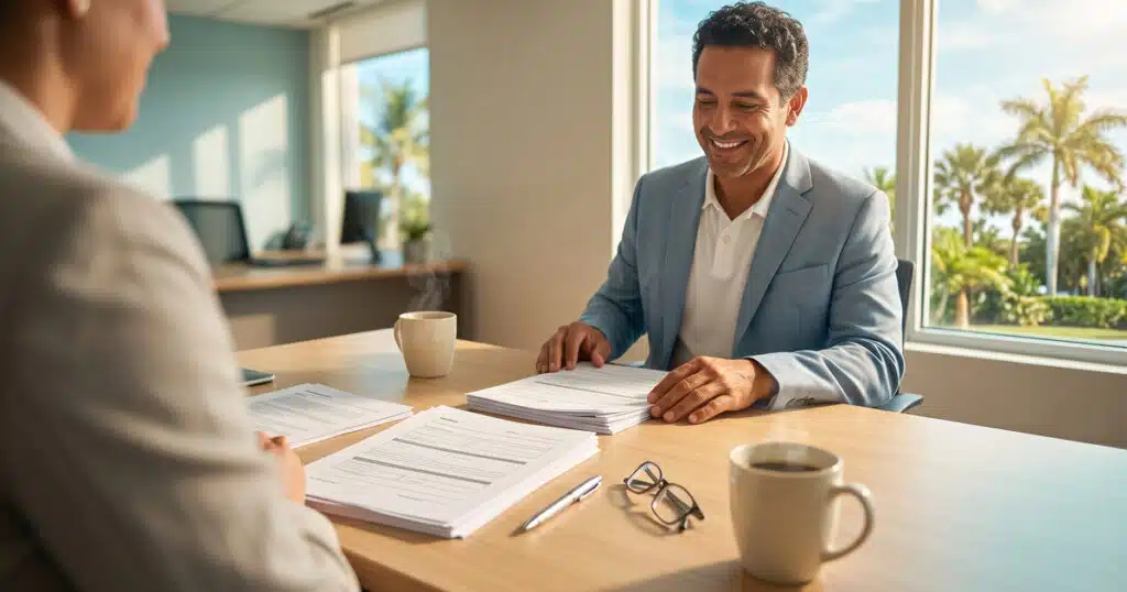 Professional meeting with mortgage documents.