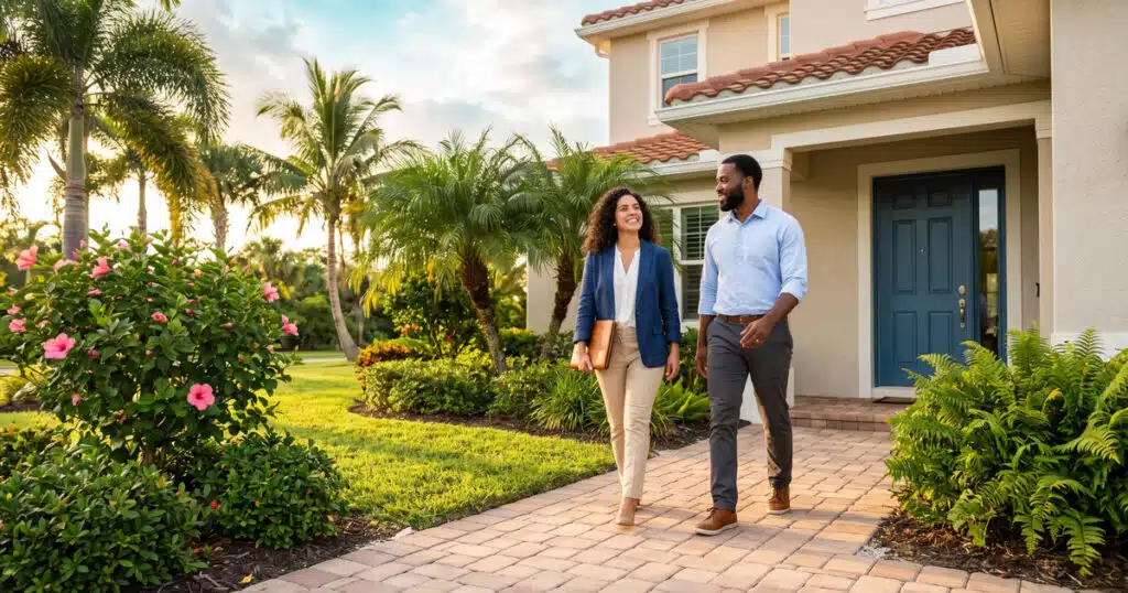 Couple walking towards a beautiful home.