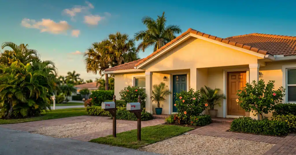 Charming house with tropical landscaping.