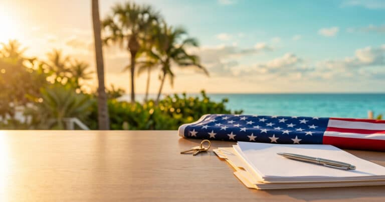 American flag, papers, ocean view.