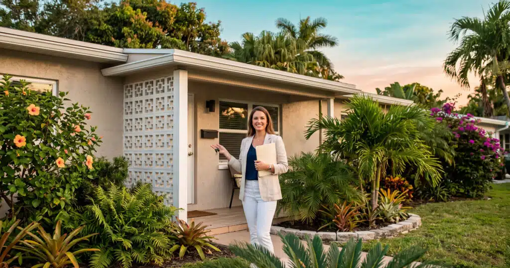 Woman standing outside a house.