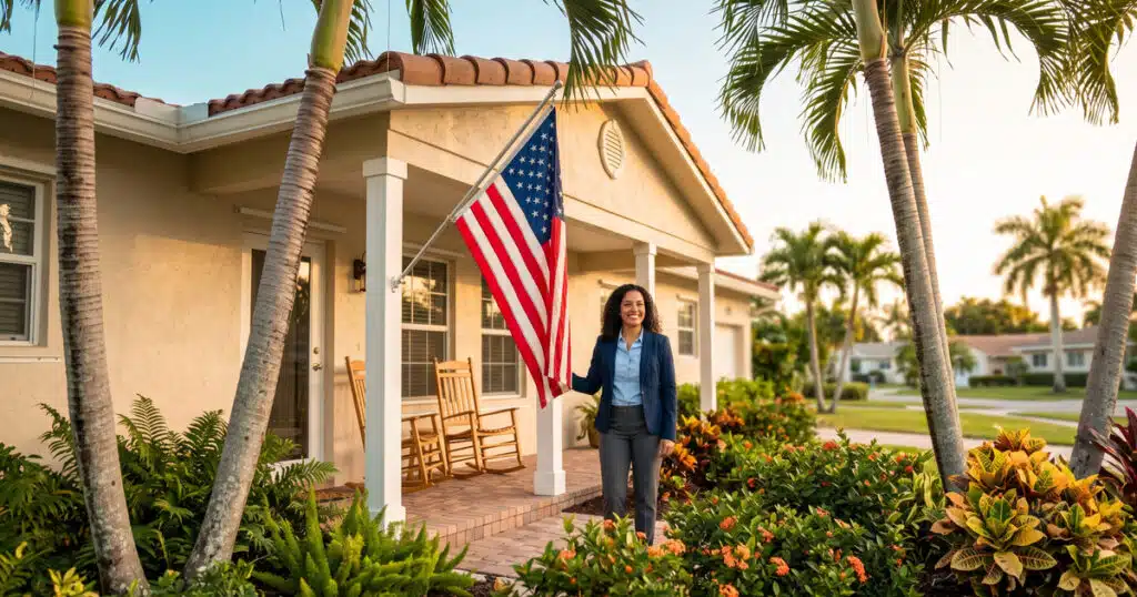 Woman outside home with american flag